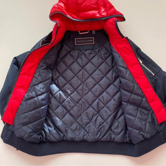 TOMMY HILFIGER Logo-Embroidered Quilted Navy Red Bomber Jacket Down Lining Small - Picture 3 of 16